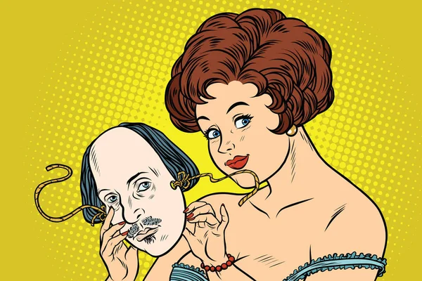 Shakespeare bir maskeyle gizemli güzel bir kadın — Stok Vektör