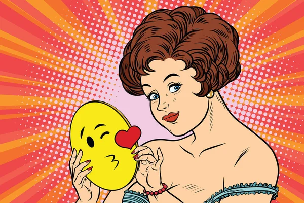 Schöne Frau mit Maske Emoji-Kuss der Liebe — Stockvektor