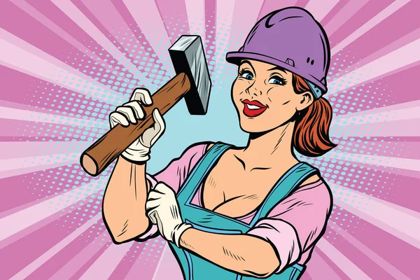 Bauarbeiter mit Hammer. Berufstätige Frau — Stockvektor