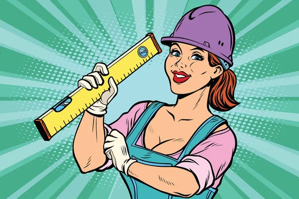 Travailleur de la construction avec niveau. Femme professionnelle — Image vectorielle