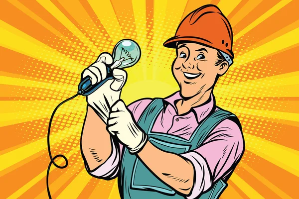 Trabajador de la construcción con bombilla — Vector de stock