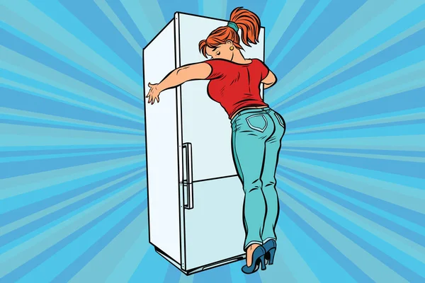 Dieta y comida. Hermosa mujer abrazando casa refrigerador — Archivo Imágenes Vectoriales