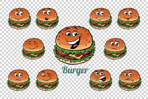 Burger fast food emoções personagens coleção conjunto — Vetor de Stock