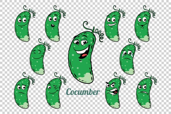 Green cucumber emotions characters collection set — Stock Vector