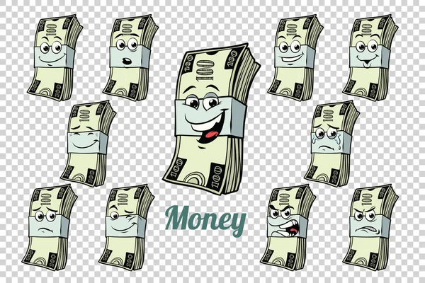 Sto dolarů v hotovosti balení emoce characters kolekce — Stockový vektor