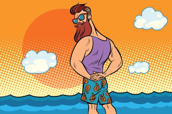 Bärtiger Hipster ruht sich auf dem Meer aus — Stockvektor