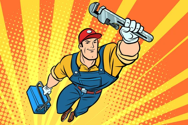 Male superhero plumber with a wrench — Stock Vector