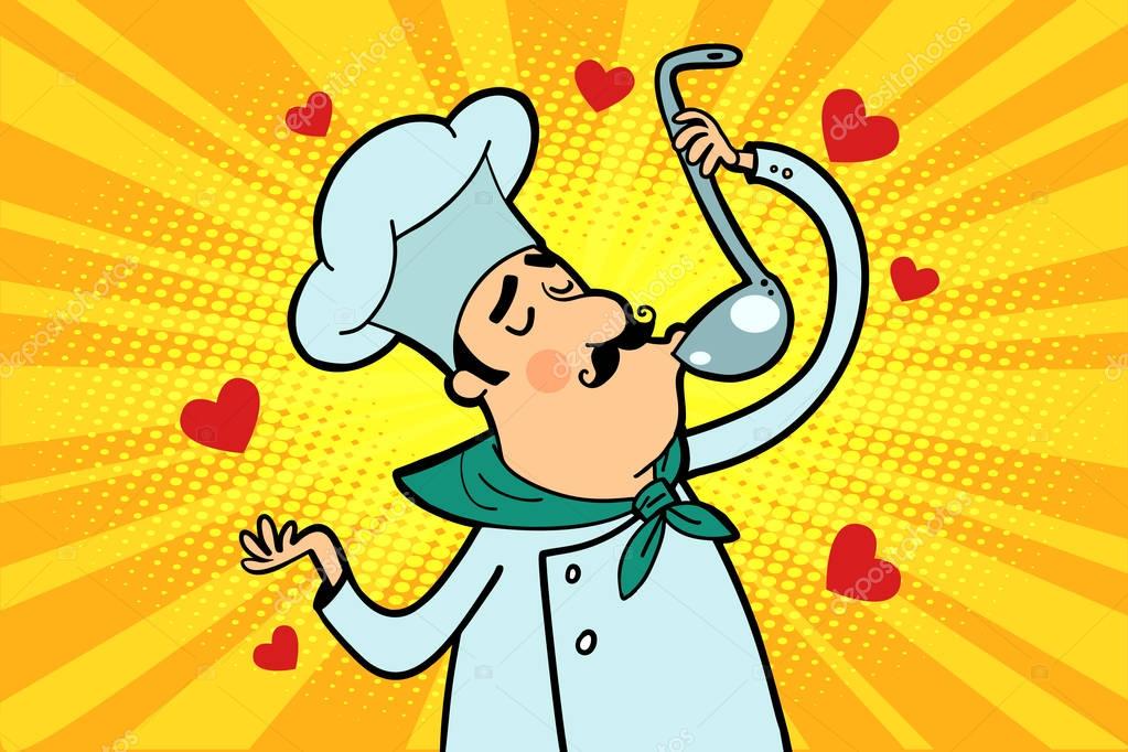 Chef cook character tastes the sauce or soup. The restaurant and cooking. People in the profession. Comic cartoon port art retro illustration vector