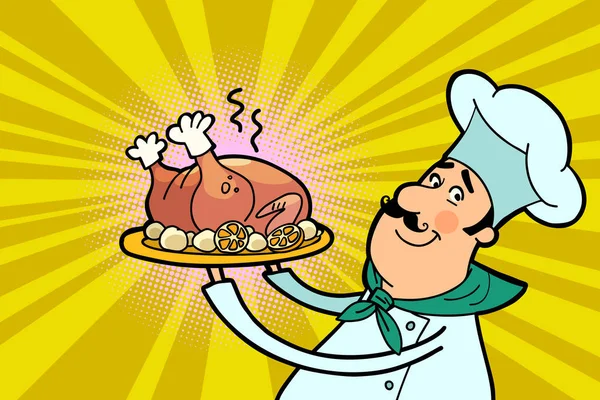 Chef cocinero carácter con pollo asado — Vector de stock