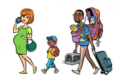Çok etnik aile yolcuları, anne baba ve çocuklar