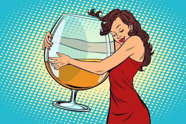 Woman hugging a glass of wine — Stock Vector