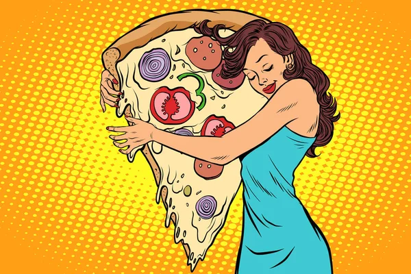 Femme étreignant une pizza — Image vectorielle