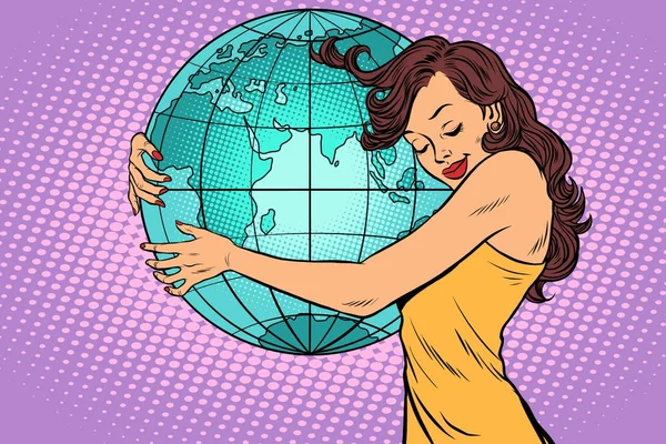 Mujer abrazando el continente tierra de África y Eurasia — Vector de stock
