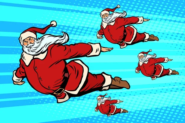 La squadra di Babbo Natale vola nel cielo — Vettoriale Stock