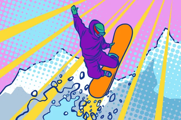 Snowboarder saltar, deportes de invierno, estilo de vida activo — Archivo Imágenes Vectoriales