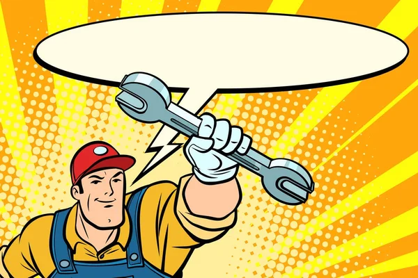 Mannelijke reparateur met een moersleutel zegt stripboek zeepbel — Stockvector