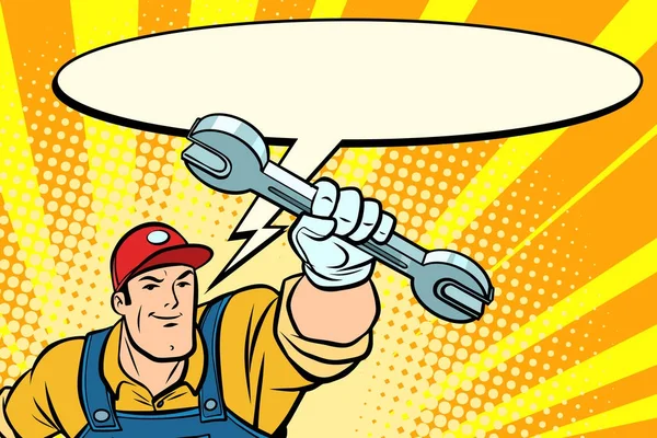 Male repairman with a wrench says comic book bubble — Stock Illustration Male repairman with a wrench says comic book bubble Stock Illustration