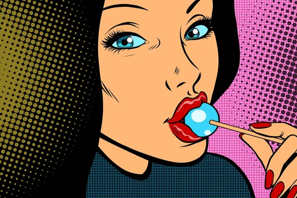 Vrouw met Lollipop snoep en snoep — Stockvector