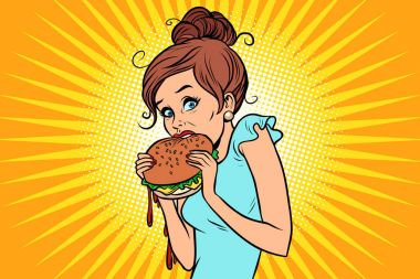 Böylece aşırı yeme lokanta. Gizlice bir Burger yiyen Kadın