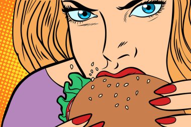 Aç kadın Burger yiyen