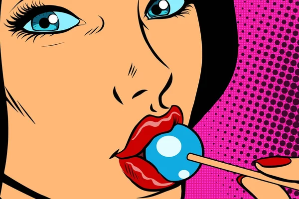 Όμορφη γυναίκα με Lollipop, προϊόντα ζαχαροπλαστικής — Διανυσματικό Αρχείο