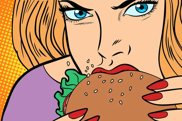 Голодная женщина ест бургер — стоковый вектор
