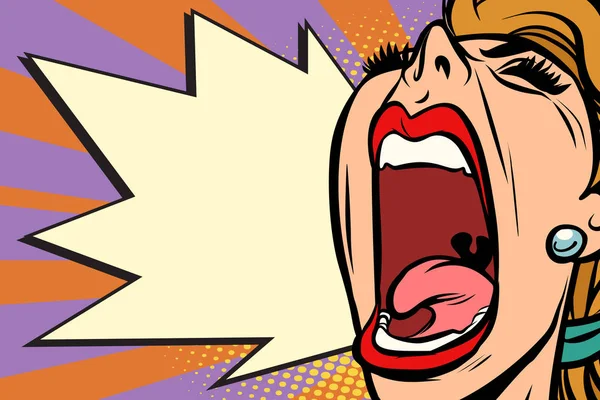 Close-up face pop art woman screaming rage — Stock Vector