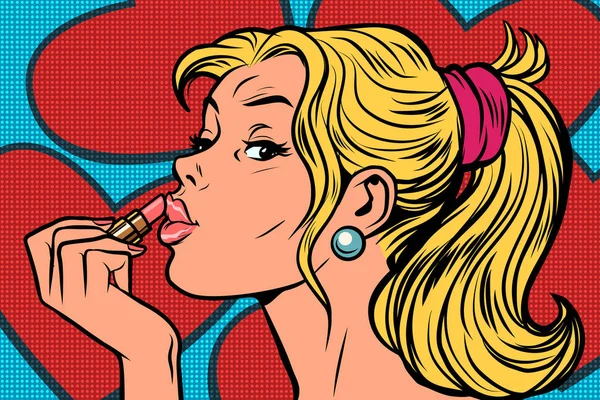 Rubia pinta los labios con lápiz labial — Vector de stock