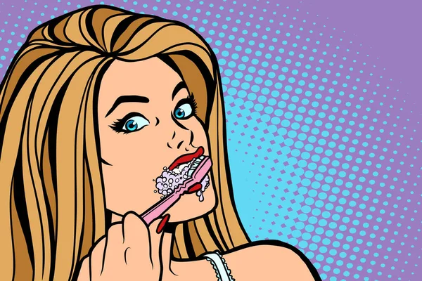 Mujer cepillándose los dientes con un cepillo de dientes — Vector de stock