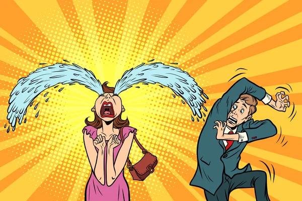 Kadın ve komik korku erkek ağlayan kaprisli