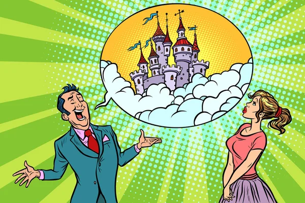 Un hombre de negocios seguro ofrece a una mujer fabuloso castillo en el cielo — Vector de stock