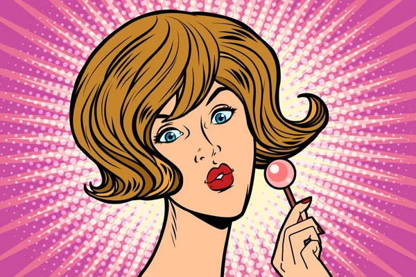 Popart vrouw en Lollipop — Stockvector