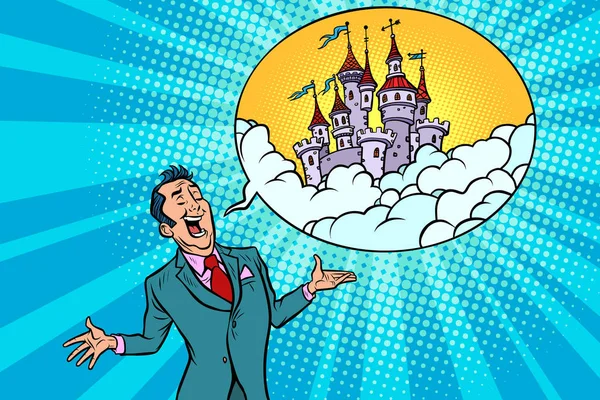 Un hombre de negocios seguro ofrece un fabuloso castillo en el cielo — Vector de stock