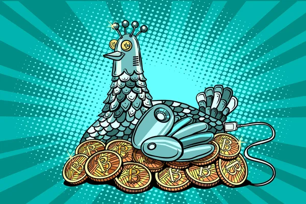 La poule incube l'argent électronique Bitcoin — Image vectorielle