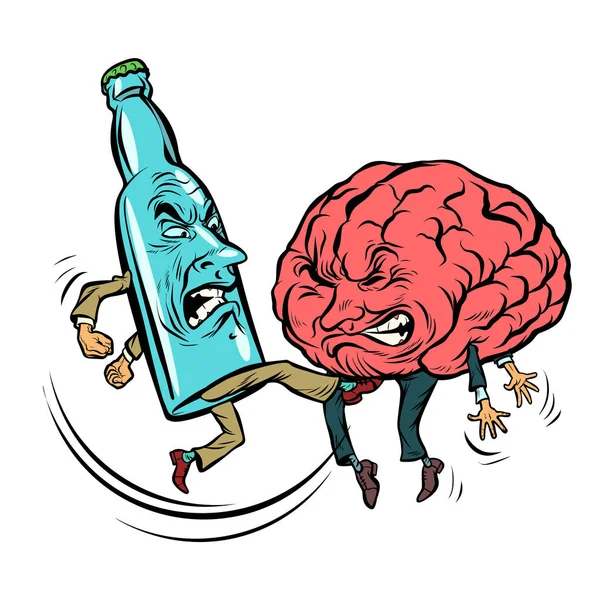 酗酒会破坏大脑, 喝醉了。战斗瓶伏特加 — 图库矢量图片