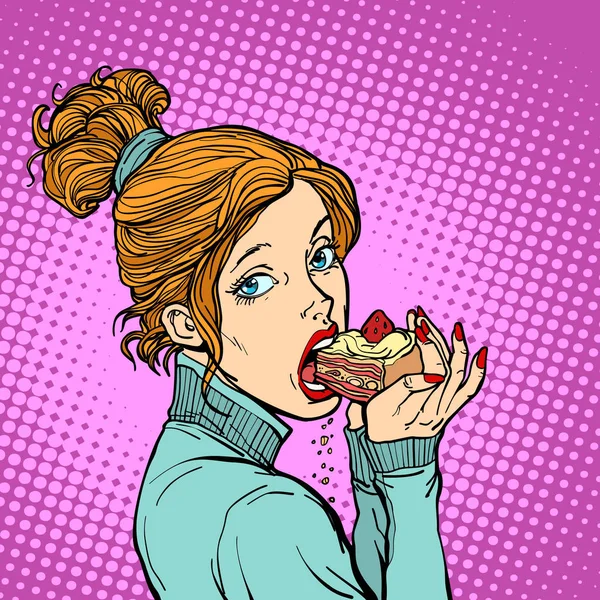 Donna che mangia un pezzo di torta — Vettoriale Stock