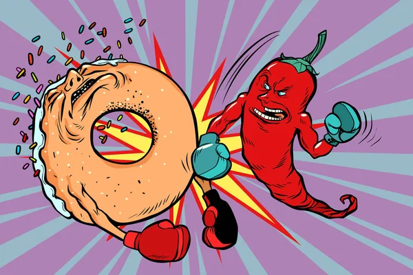 Red pepper beats a donut — Stock Vector
