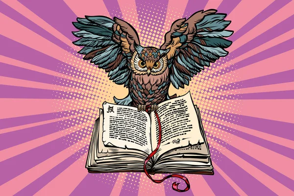 Owl on an old book, a symbol of wisdom and knowledge — Stock Vector