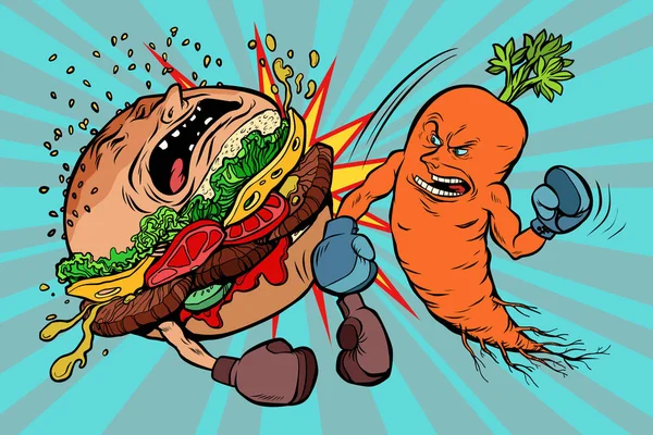 Cenouras bate um hambúrguer, vegetarianismo vs fast food — Vetor de Stock