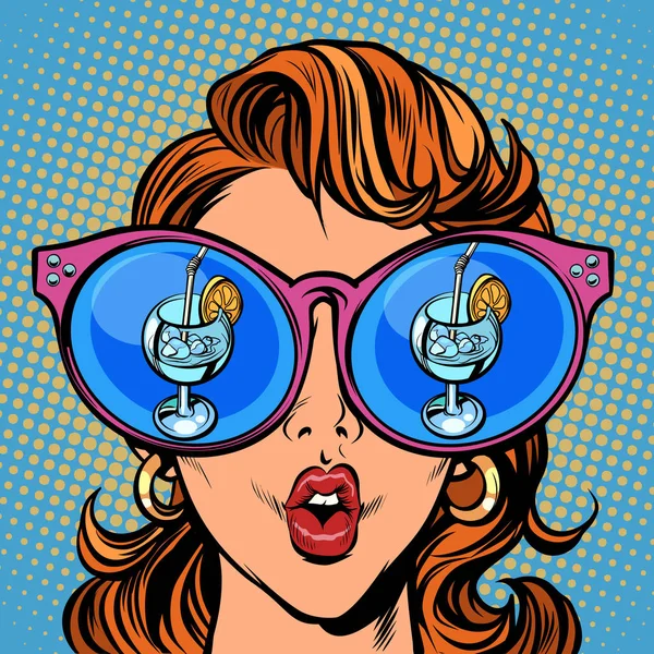 Femme avec des lunettes de soleil. Cocktail glacé et citron dans le reflet — Image vectorielle