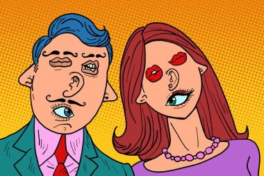 Birbirine aşık komik bir çift. Karmaşık yüzlü gözler ağız kulaklar burun