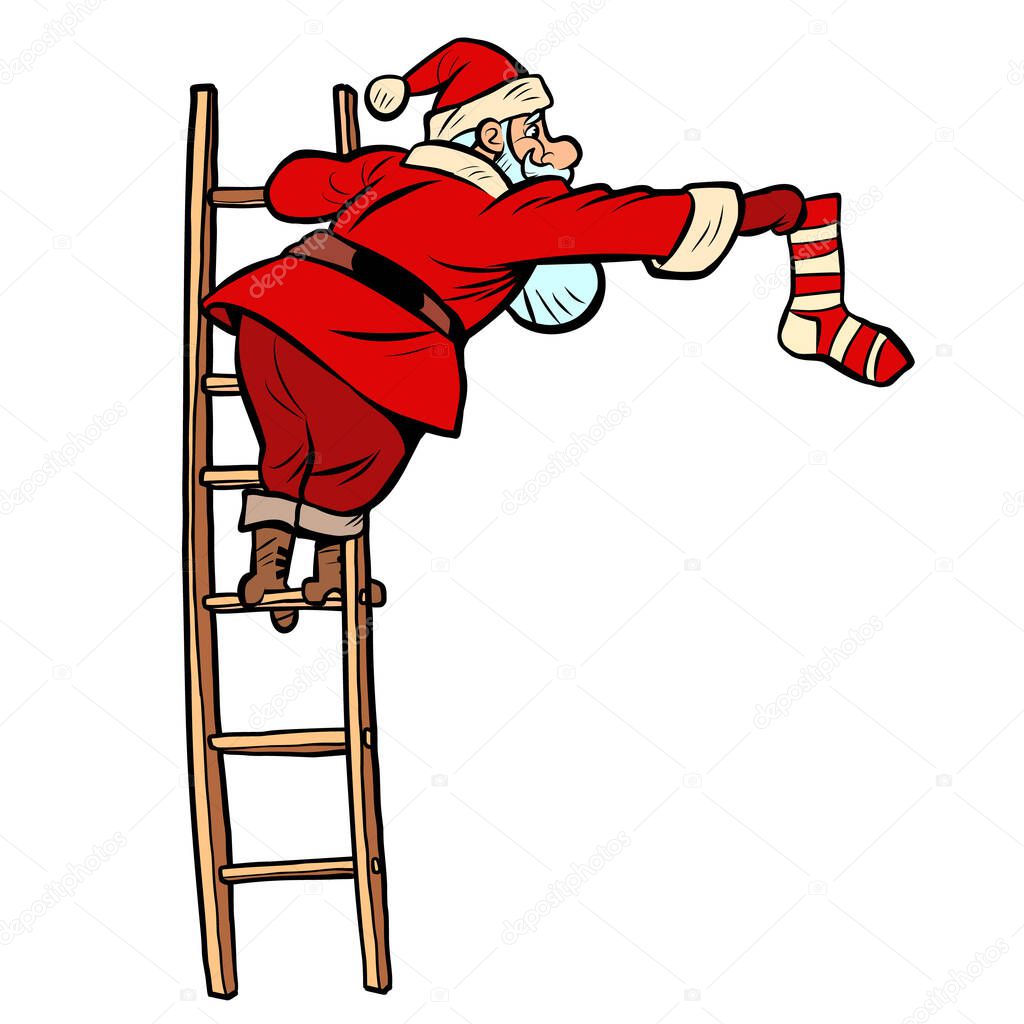 sock gift. Santa Claus character Christmas new year