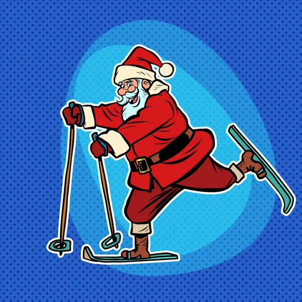 Le Père Noël va skier. Bande dessinée pop art rétro — Image vectorielle