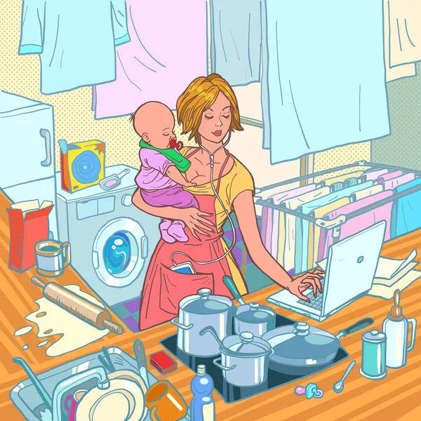 Moderne moeder met kind. Moederschap van een sterke vrouw — Stockvector