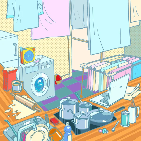 Kitchen in the house, household chores. Cooking, washing clothes and working on the computer — ストックベクタ