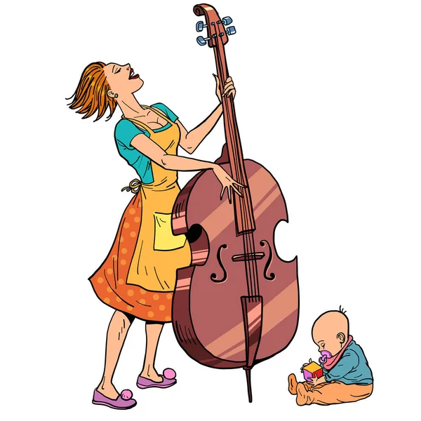 Home rehearsal. Mother with a small child plays the double bass — ストックベクタ