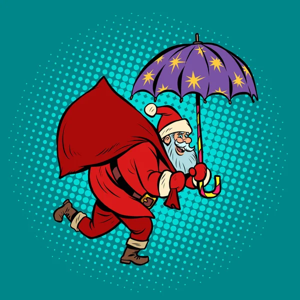 Санта Клаус з зірковою парасолькою, чарівна ніч. Різдво і Новий рік — стоковий вектор