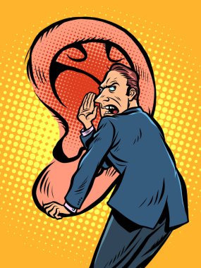 Sırlar ve söylentiler konsepti. Bir adam kulağına bir sır fısıldıyor.