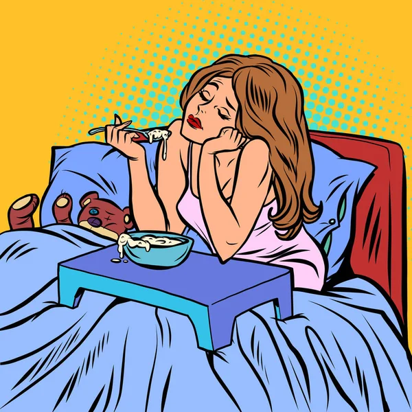 Mujer comiendo gachas. Desayuno en la cama — Vector de stock