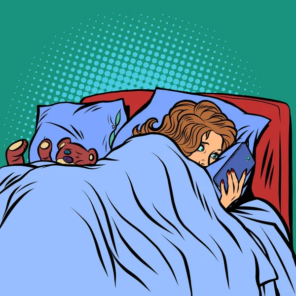 Γυναίκα στο κρεβάτι διαβάζοντας ένα smartphone — Διανυσματικό Αρχείο